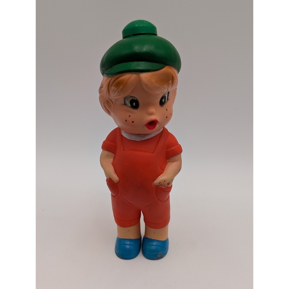 Parksmith Rubber Toy Japan Boy Orange Outfit Green Hat Squirt